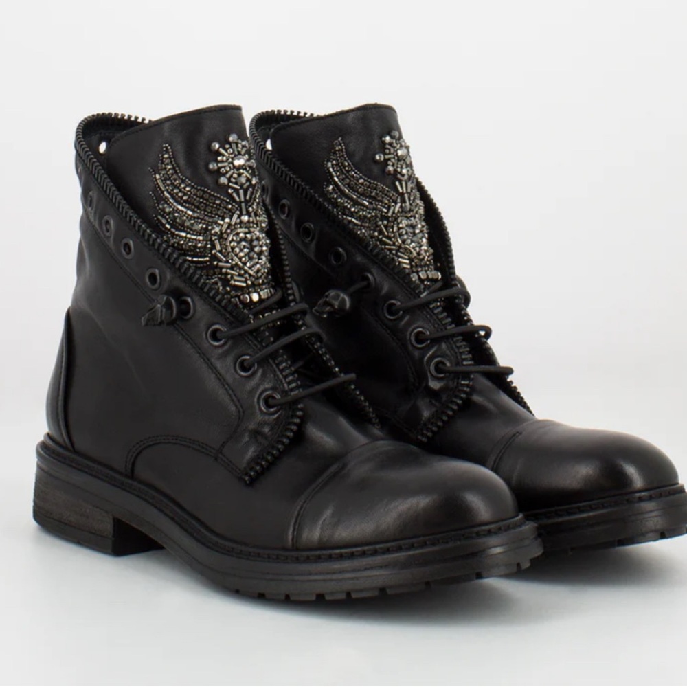 Women's Leather Combat Booties with Crystals Embroidery in Black size 41